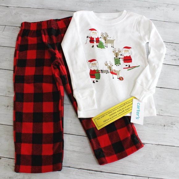 Carter's Boy Girl Fleece Pajama Set Size 4 Red Buffalo Plaid Christmas - Picture 2 of 6